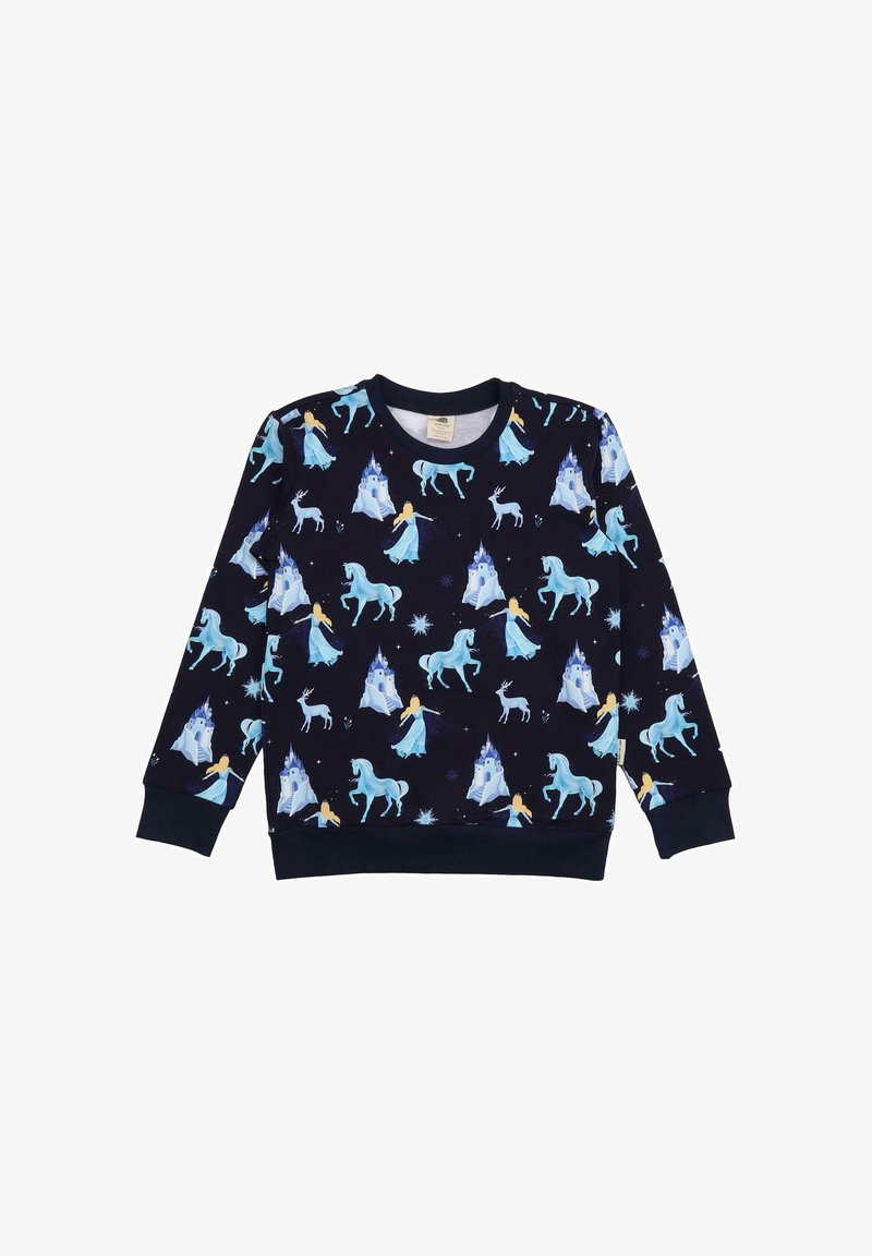 Dunkelblaues Sweatshirt mit einem verspielten Druck von Schlössern, Einhörnern und Figuren in verschiedenen Blautönen. Mit gerippten Bündchen und Saum vollendet.