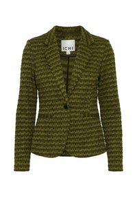 Grüner strukturierter Blazer mit gestreiftem Muster, Ein-Knopf-Verschluss, aufgeschlitzte Revers und zwei vorderen Taschen. Markenetikett im Inneren sichtbar.