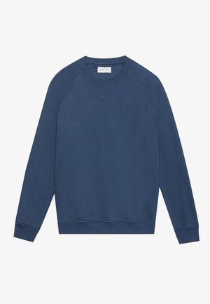 Long-sleeve blue crewneck sweatshirt with raglan sleeves, ribbed cuffs and hem, and a small stitched "X" detail below the neckline.