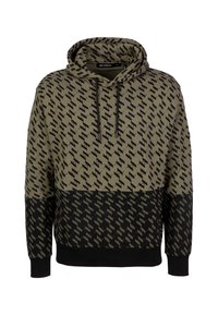 Hoezen sweatshirt in olijfgroen en zwart, met een herhalend logo-patroon, geribbelde manchetten en een effen zwarte onderkant.