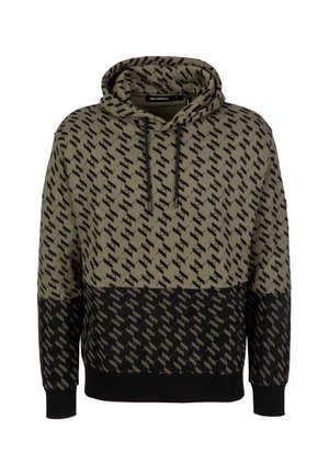 Felpa con cappuccio in verde oliva e nero, caratterizzata da un motivo a logo ripetuto, polsini a coste e una parte inferiore completamente nera.