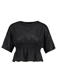 Sort, kortærmet top med indsnøret talje, lavet af tekstureret, glitrende stof. Har en løs, afslappet pasform og rund halsudskæring.