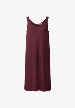 Bordo bezrękawnikowa sukienka z dekoltem w kształcie litery V. Wykonana z prążkowanej tkaniny, ma luźny krój i prosty dół, co nadaje jej minimalistyczny styl.