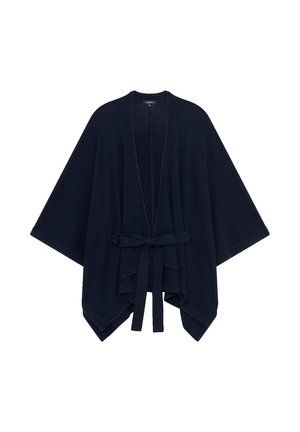 Kimono bleu marine style cache-cœur, confectionné en tissu doux, présentant un devant ouvert, des manches larges et une ceinture nouée.