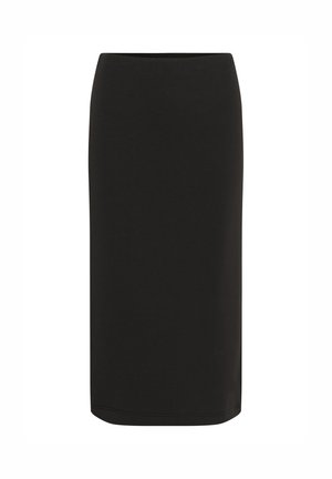 Black pencil skirt made of soft, stretchy fabric. Features a simple design with a smooth, elasticated waistband and a straight silhouette.