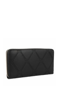 Portafoglio in pelle nera con motivo geometrico embossato. Presenta una cerniera dorata e variazioni di texture. Forma rettangolare con finitura liscia.