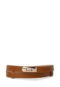 Brown leather belt with a smooth texture, featuring a gold-tone metal buckle and stitching details, designed in a narrow width.