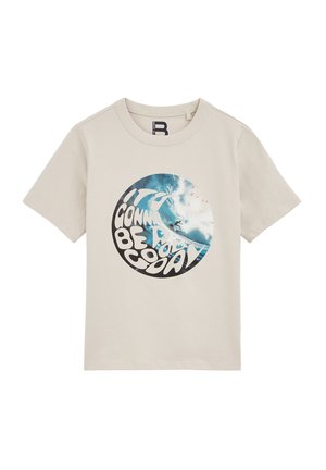 Light beige cotton t-shirt with a circular graphic featuring blue waves and black text: "It's gonna be cool." Crew neckline, short sleeves.