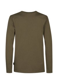 Langärmliges Hemd aus olivgrünem Baumwollmaterial, mit Rundhalsausschnitt, glatter Textur, genähten Ärmeln und Saum sowie minimalem Branding an der Seitennaht.