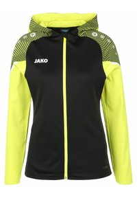 Schwarze und neongelbe Kapuzenjacke mit einem geometrischen Muster auf den Schultern, durchgehendem Reißverschluss und Taschen auf beiden Seiten.