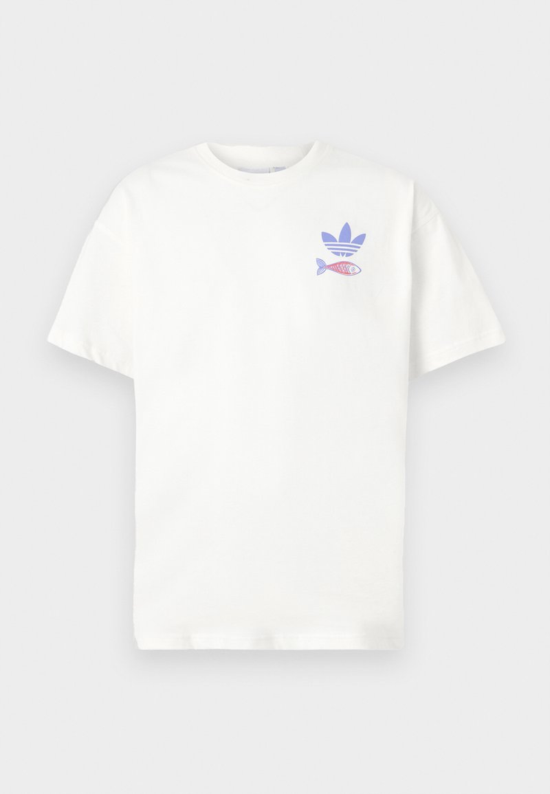 White cotton t-shirt with a crew neckline. Features a blue three-stripe logo above a fish graphic in red and blue on the left chest.