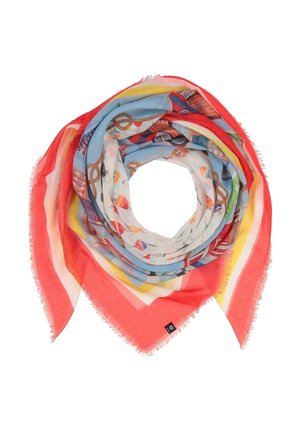 Square scarf with nautical-themed patterns, including ropes and buoys, in red, blue, yellow, and white colors with frayed edges.