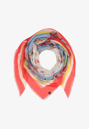 Ruutjuustega sall mereteemaliste mustritega, sealhulgas köied ja poid, punastes, sinistes, kollastes ja valgetes toonides, mille servad on narmendavad.