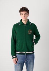 Groen gebreide ritsjack met een kraag, voorzien van een badge op de borst, gestreepte manchetten en een geribde zoom. Gemaakt over een blauwe spijkerbroek.