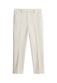 Light beige trousers featuring a tailored fit, front pleats, zippered pockets, and a smooth, slightly textured fabric.