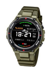 Montre de sport en silicone verte avec un cadran noir rond, affichage numérique de l'heure et fonctions de suivi de la condition physique. Inclut un GPS et un moniteur de fréquence cardiaque.