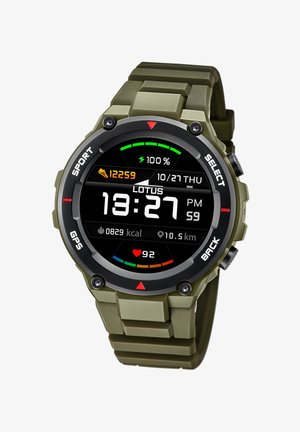 Montre de sport en silicone verte avec un cadran noir rond, affichage numérique de l'heure et fonctions de suivi de la condition physique. Inclut un GPS et un moniteur de fréquence cardiaque.
