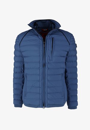 Blue padded jacket with a high collar, zippered front closure, and two side pockets. Features horizontal stitching and black accents.