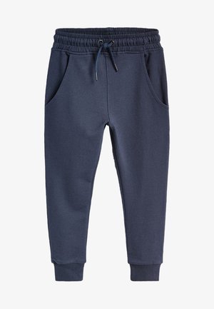 Mørkeblå fleece joggebukser med elastik i taljen, justerbar snøre, sidelommer og ribstrikkede ankler.
