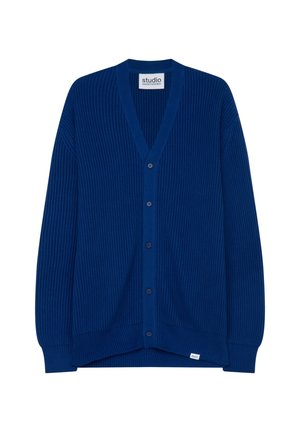 Blå ribstrikket cardigan med lange ærmer, V-hals, fem frontknapper og et lille mærke nær kanten.