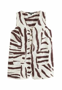 Gilet sans manches en lin avec une base crème et des rayures zèbres marron, un décolleté en V, cinq grands boutons et deux poches avant.