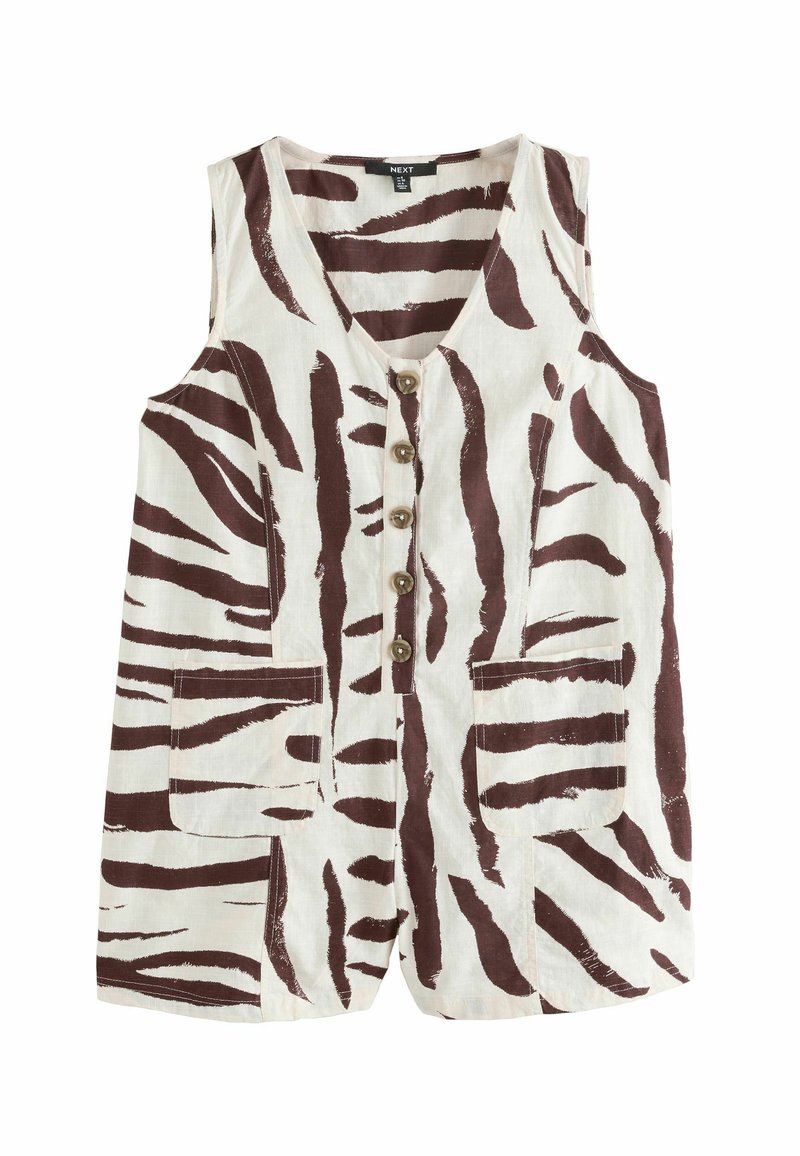 Gilet sans manches en lin avec une base crème et des rayures zèbres marron, un décolleté en V, cinq grands boutons et deux poches avant.