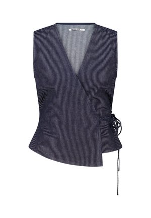 Marineblauwe mouwloze wikkelvest met dunne verticale witte strepen en een zijstriksluiting.