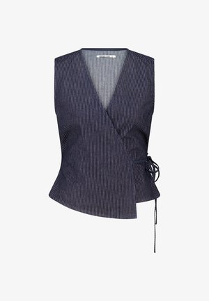 Marineblaues, ärmelloses Wickelweste mit dünnen weißen vertikalen Streifen und einer seitlichen Bindung.