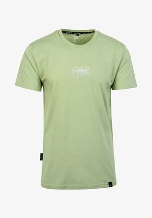 Light green cotton t-shirt with a crew neckline and short sleeves. Features a white embroidered logo on the chest and a tag on the side.