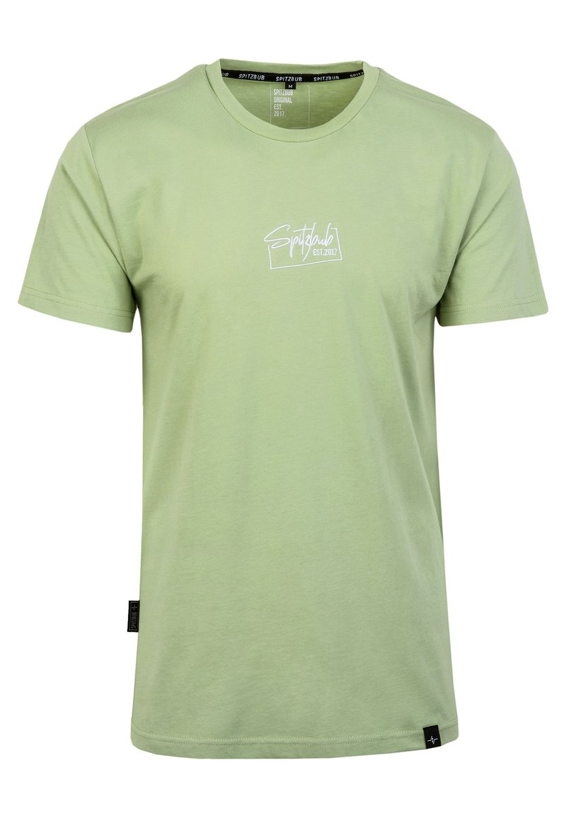 Light green cotton t-shirt with a crew neckline and short sleeves. Features a white embroidered logo on the chest and a tag on the side.