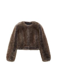Brun fuskpäls kort jacka med långa ärmar, rundad halsringning och en mjuk, fluffig textur. Inga synliga stängningar eller mönster.