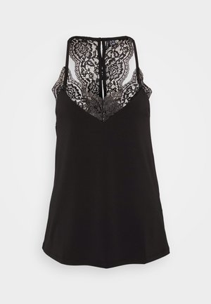 Black camisole with lace detailing at the V-neck and back. Features adjustable straps and a smooth fabric texture. Regular fit.