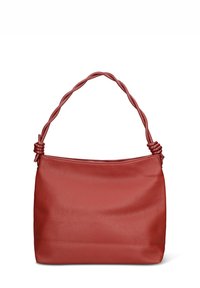 Borsa a mano in pelle rossa con superficie testurizzata, dotata di manico intrecciato attorcigliato e chiusura con zip sulla parte superiore.