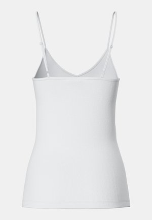 Vit linne med justerbara axelremmar, åtsittande design, slät textur och rundad fåll. Inga synliga mönster eller utsmyckningar.