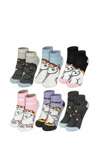 Set of eight pairs of colorful cotton socks featuring cartoon unicorns and animals. Designs include gray, pink, blue, and black colors.