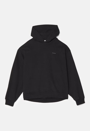 Black sweatshirt with a hood, featuring long sleeves, a slightly dropped hem, and a small logo on the chest. Soft cotton material.