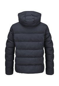 Dunkelgraue Pufferjacke mit Kapuze. Verfügt über horizontale Nähte, gestepptes Muster und elastische Bündchen. Glattes, wasserabweisendes Material.