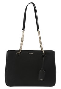 Sac fourre-tout en simili cuir noir avec une forme structurée, des anses en chaîne et en sangle, des accessoires dorés et une étiquette amovible pour le branding.