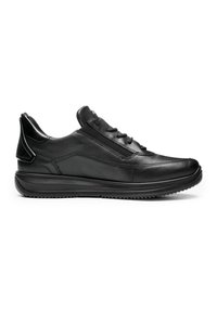 Black leather sneaker with a smooth finish, rounded toe, and contrasting stitching. Features padded collar and rubber sole with grip.