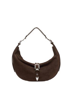 Brown suede hobo bag with a curved shape, silver buckle accent, top zip closure, and a short shoulder strap. Smooth texture.