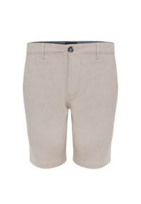 Pantalones cortos beige de mezcla de algodón, con un corte frontal plano, cierre de botón único, bolsillos laterales y un dobladillo limpio.