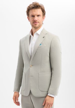 Mann mit hellbraunen Haaren und Bart, der eine hellgraue Anzugjacke, ein weißes Hemd und graue Hose vor weißem Hintergrund trägt.