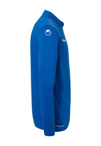 Blå atletisk langærmet skjorte med krave, glat tekstur, sidelomme med lynlås og hvide logo-detaljer på skulderen og brystet.