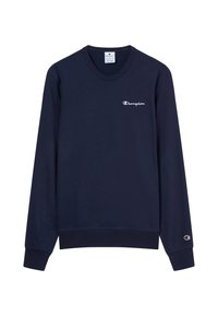 Sudadera azul marino de algodón, con mangas largas, puños acanalados y un logo en el pecho. Diseño clásico de cuello redondo.