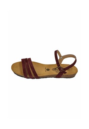 Women's flat sandal with three burgundy straps over toes, ankle strap with buckle, tan footbed, and cork sole.