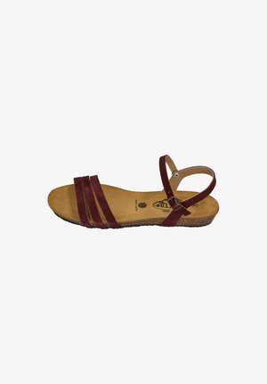 Damen flache Sandale mit drei burgunderfarbenen Riemen über den Zehen, Knöchelriemen mit Schnalle, beige Fußbett und Korksohle.