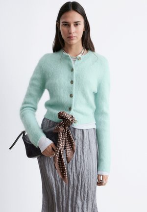 Kvinde iført en lysegrøn, blød cardigan, grå krøllet nederdel, holder en sort taske med et mønstret brunt silkeskjerf bundet til.