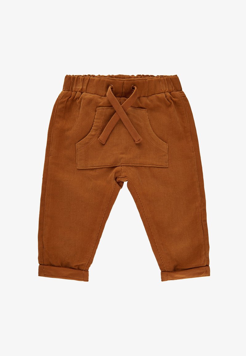 Pantalon en velours côtelé marron pour tout-petit avec taille élastique, cordon de serrage à l'avant, poche kangourou et revers roulés.