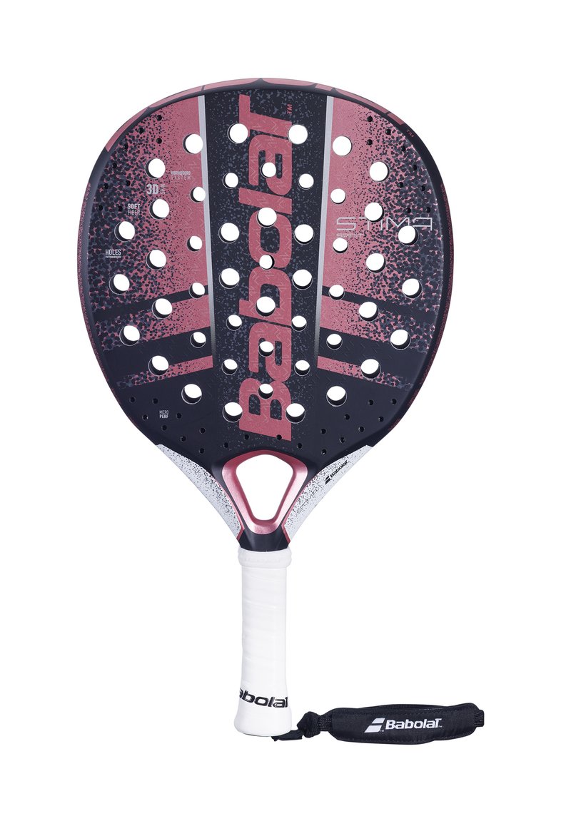 Babolat padel-racket med et sort og pink design, perforeret hoved, hvidt greb og et håndledsrem til fastgørelse.