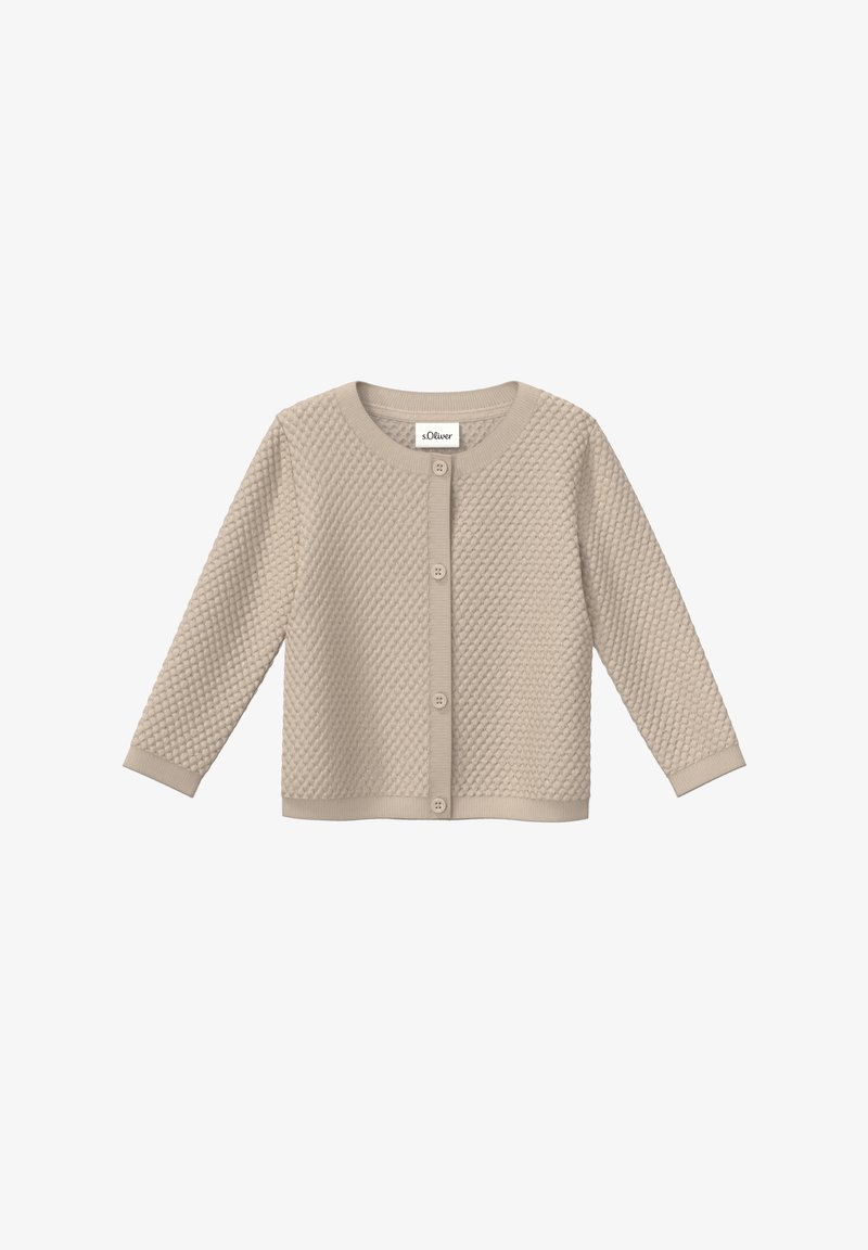 Beige gebreide cardigan met een textuurpatroon, ronde halslijn en lange mouwen. Kenmerkt een knoopsluiting en geribde manchetten en zoom.